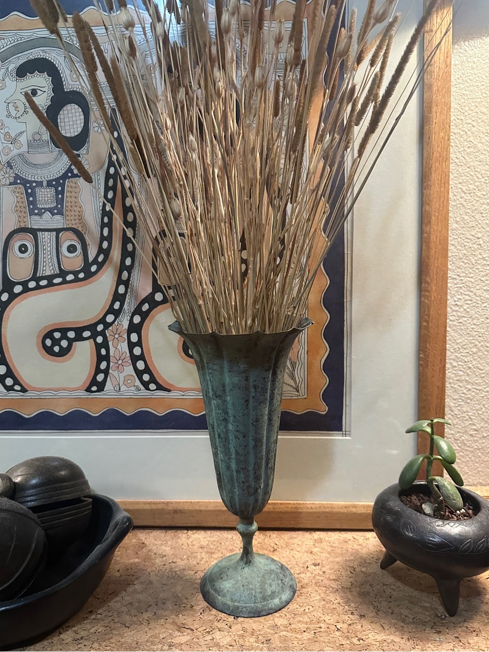 Vintage blue green patina Distressed Metal art deco Fluted Vase